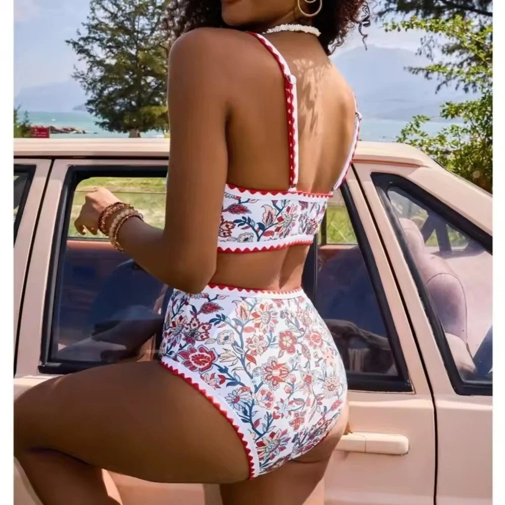 Women's M Floral Print Two Piece Sexy Bikini Set High Waist Round Neck Swimwear